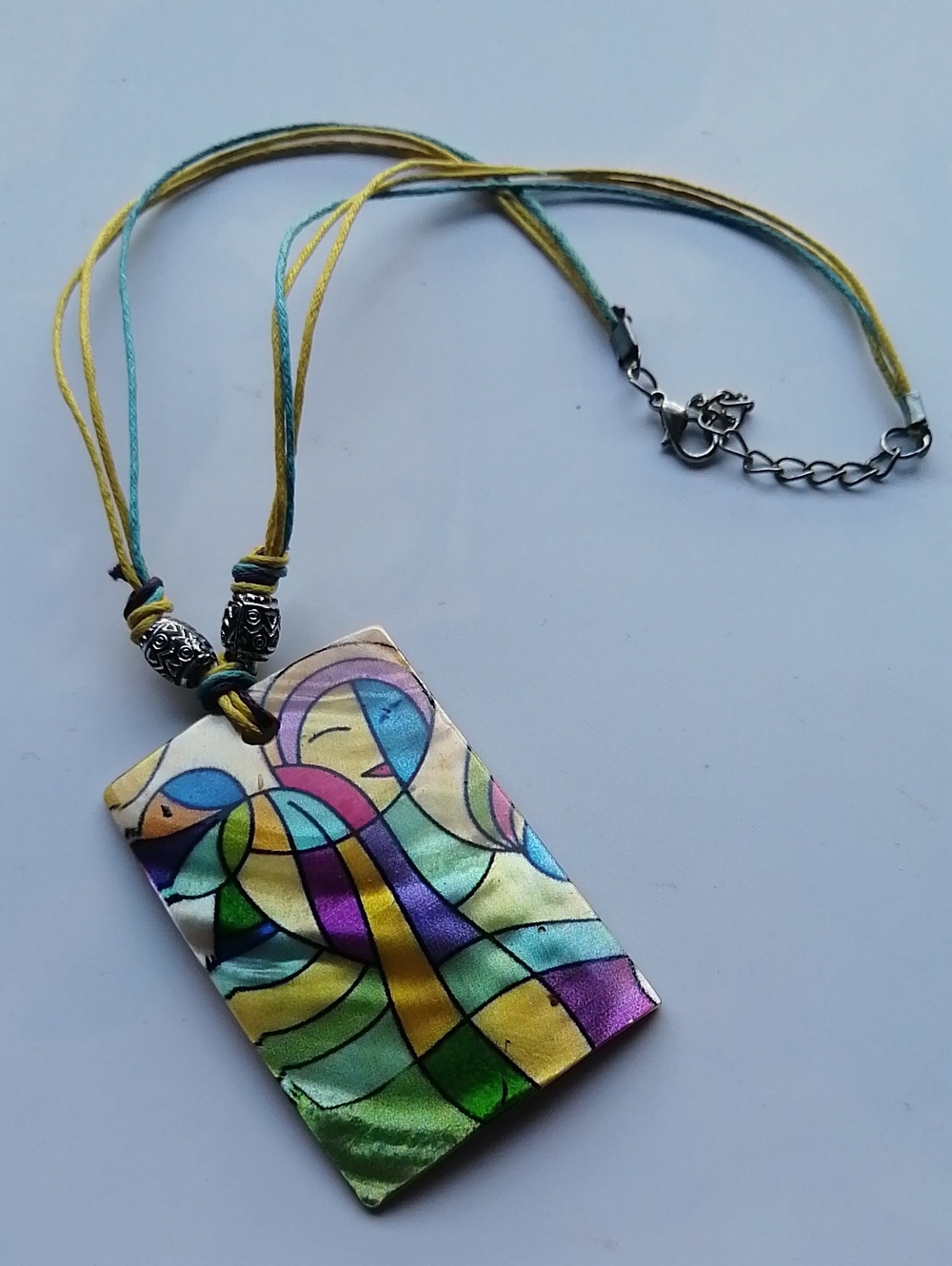 Multicolour Abstract Modernist Cubist MOP Shell Rectangular Pendant Necklace - Picture 2 of 7